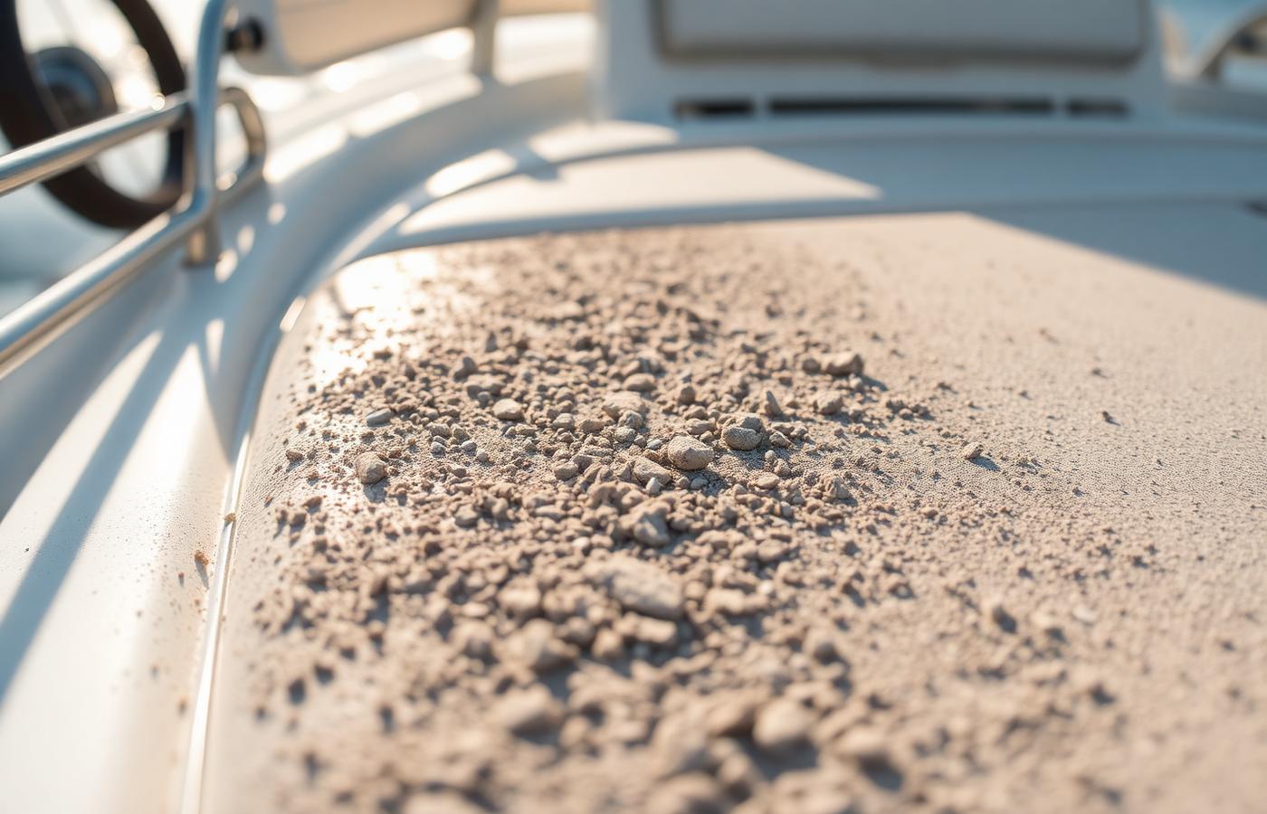 Fine grey ash and dust settled across a white boat deck and cockpit seat cushion.