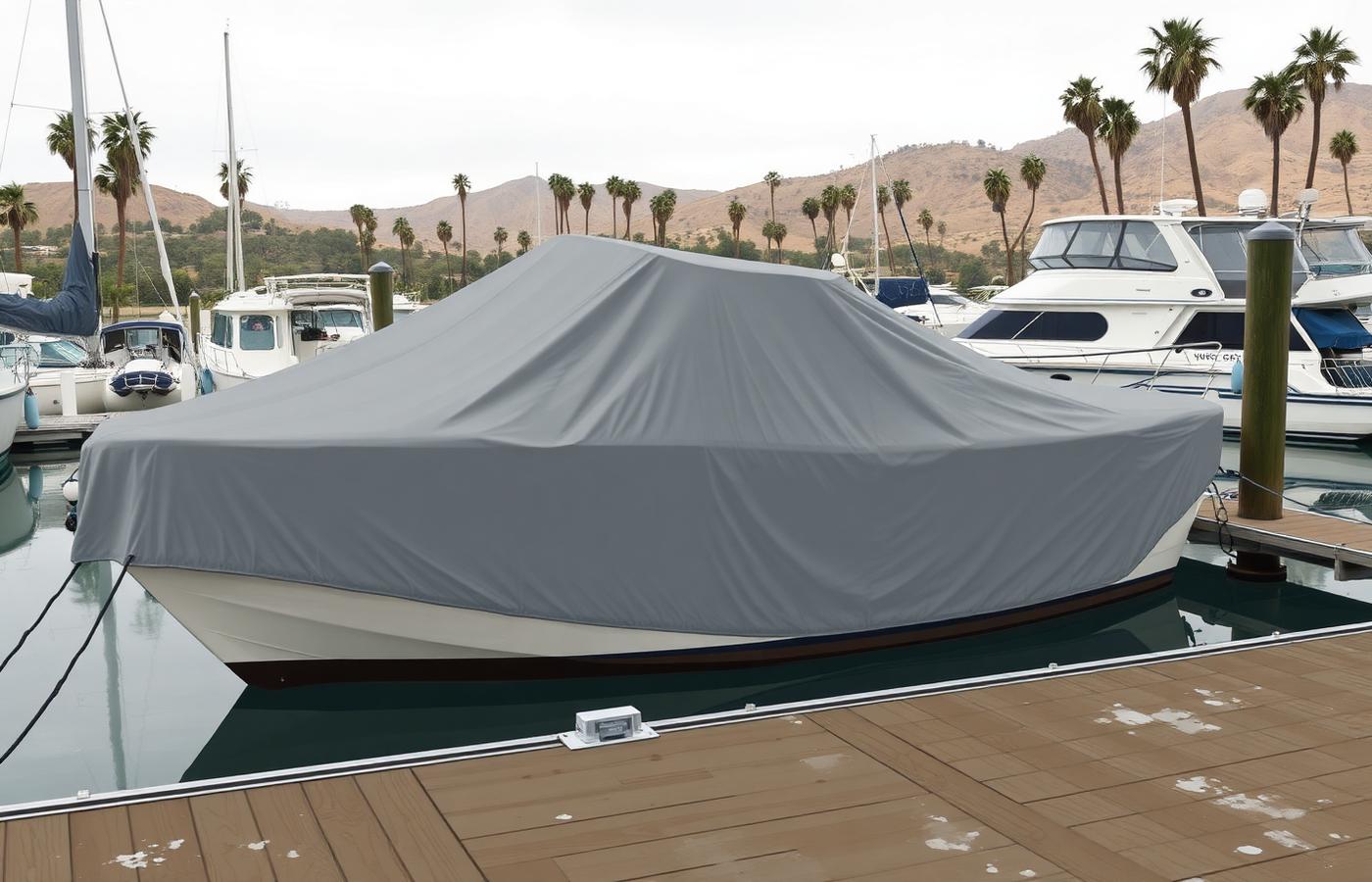 A boat at a Southern California slip with a fitted grey canvas cover partly fastened and vents visible.