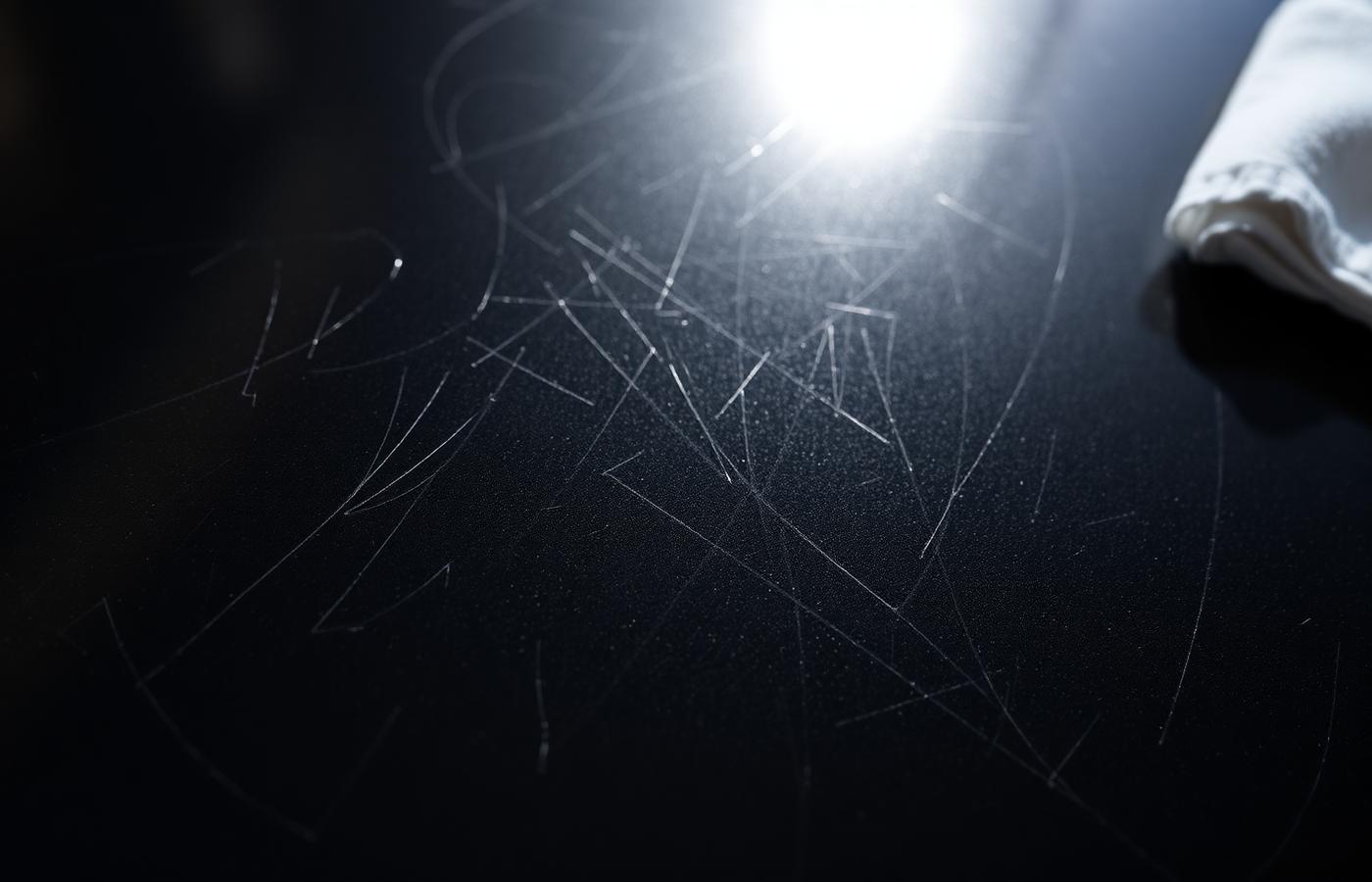 Fine swirl scratches in dark boat gelcoat revealed by raking light beside a dry microfiber cloth.