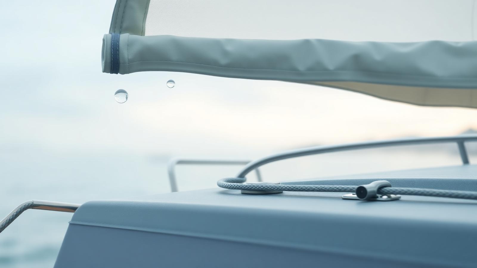 Boat canvas and bimini with morning dew droplets on a cool coastal morning.