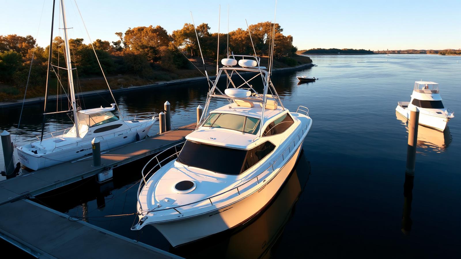 Boats at a Southern California marina slip in warm autumn afternoon light.