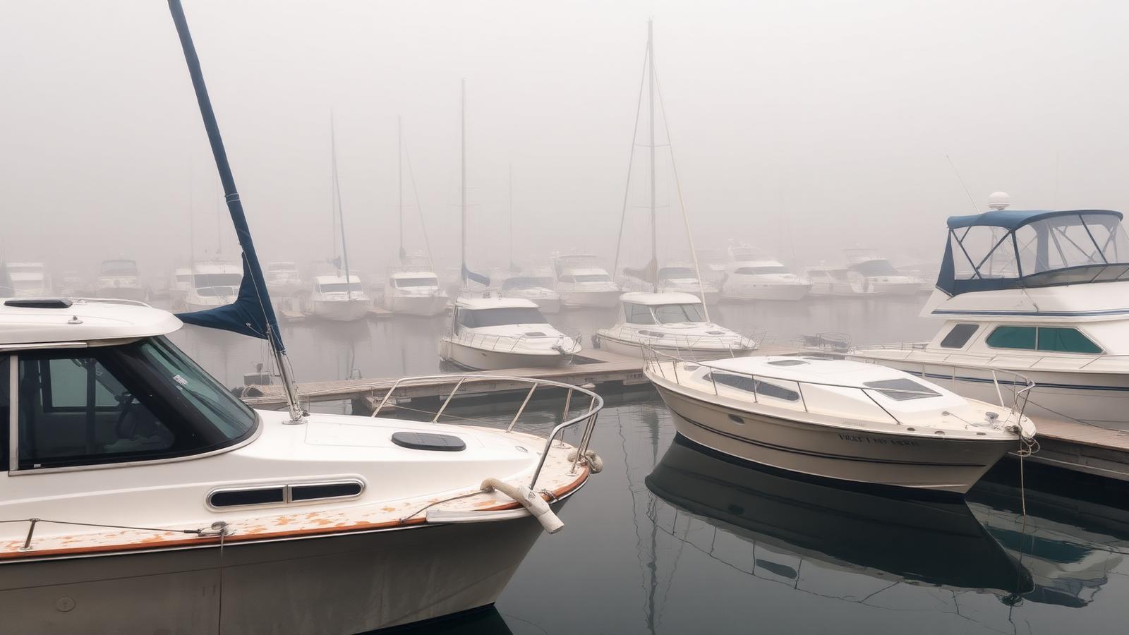 Boats moored in a hazy Southern California marina on a damp autumn morning.