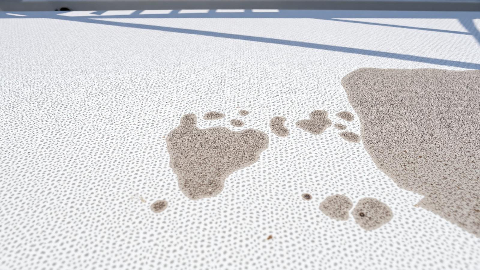 Textured white non-skid boat deck with grey grime embedded in the pattern.