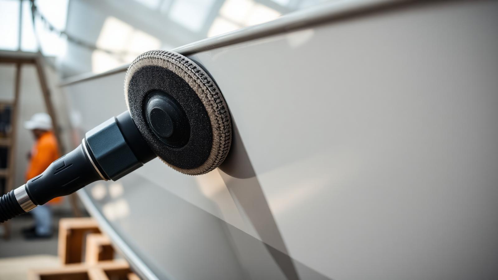 A machine polisher working a boat hull side, with corrected glossy gelcoat visible.