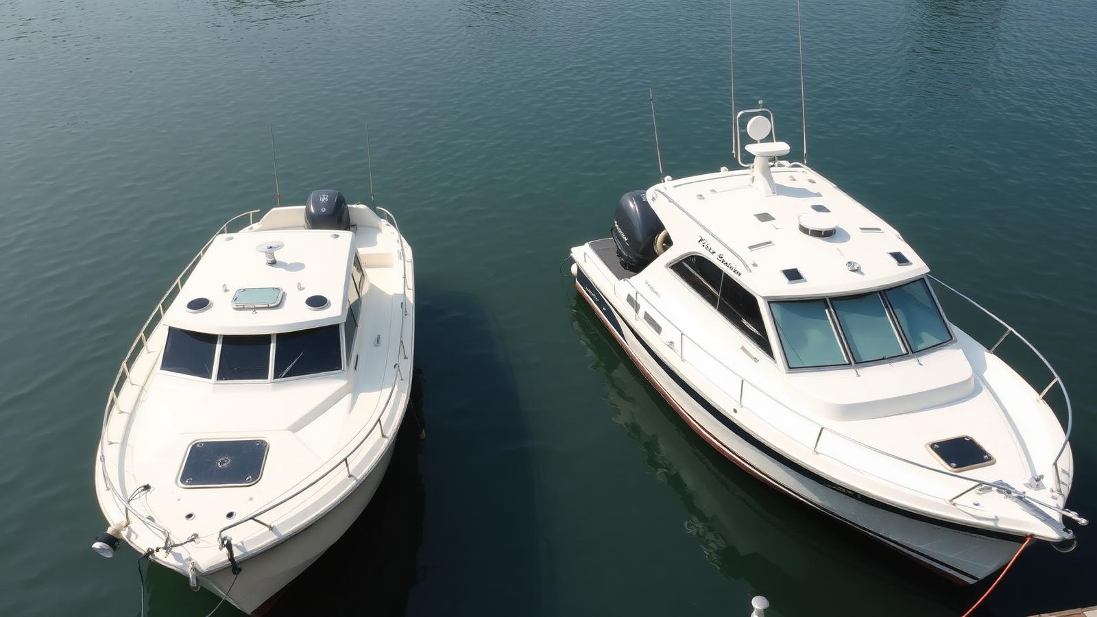 Two similar-length boats moored side by side in a marina, one glossy and one weathered.