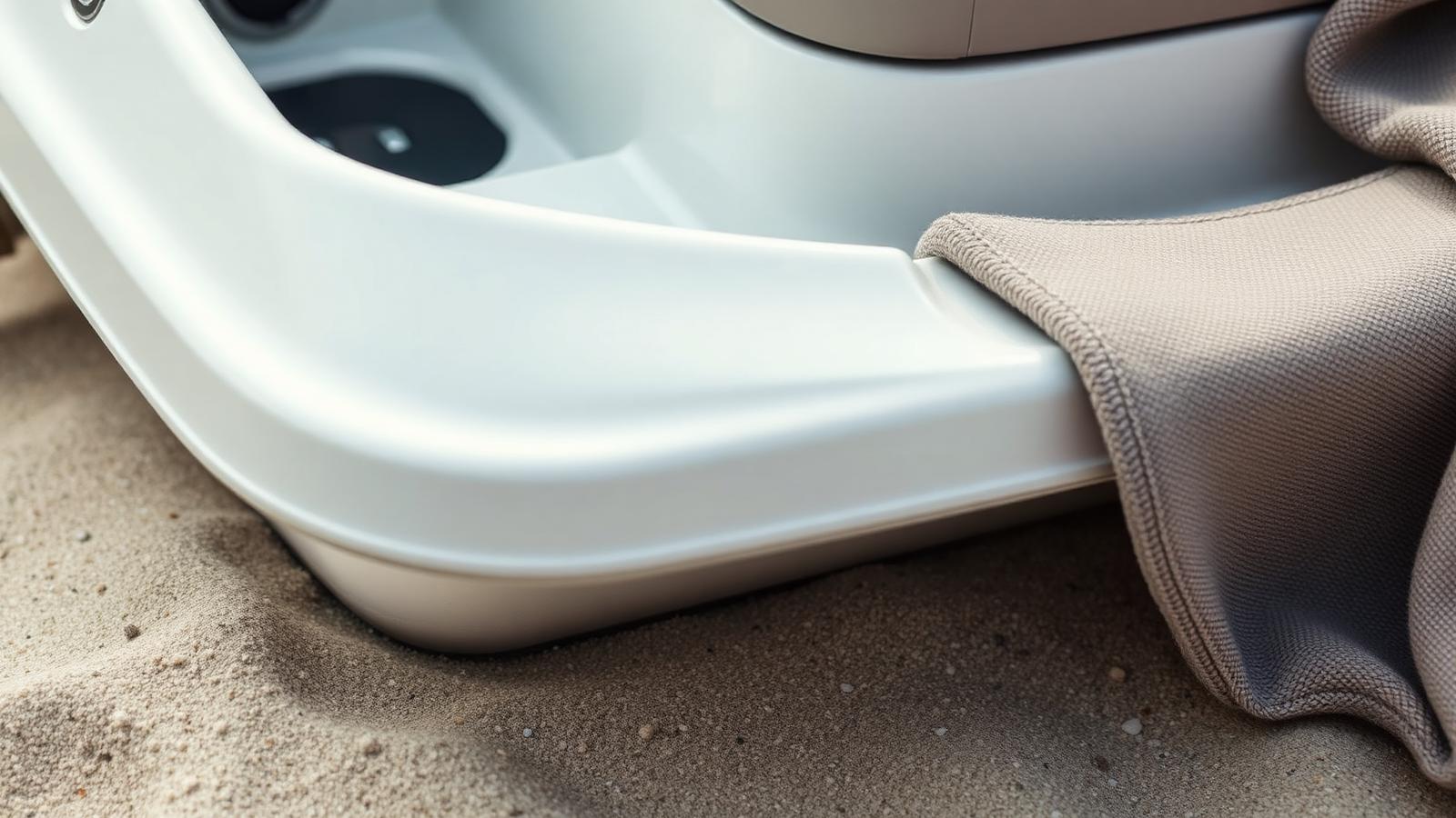 Close-up of a personal watercraft footwell and seat edge with salt and sand residue.