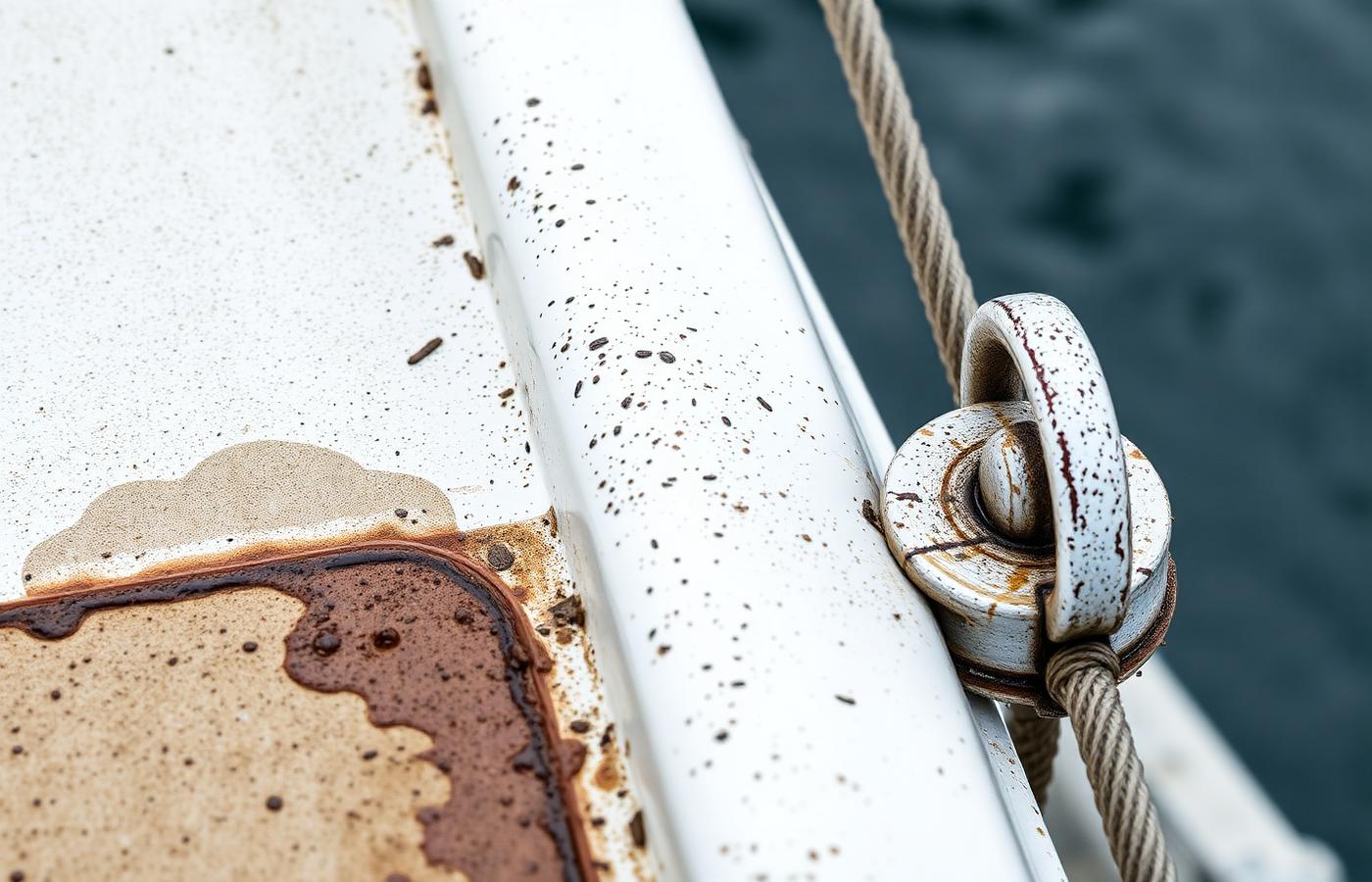 Bird droppings and grime staining a white non-skid boat deck near a cleat after rain.
