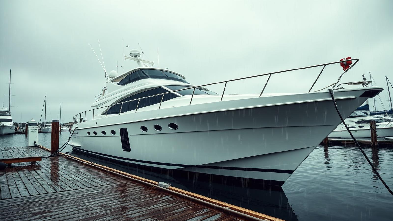 A white motor yacht at a Southern California marina slip during rainfall, with water running down the hull side.