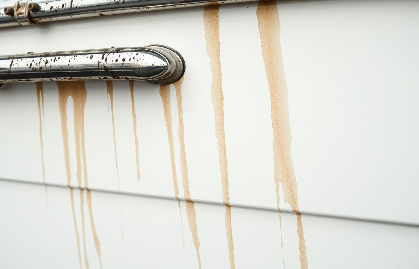 Brown runoff streaks running down a white boat hull side beneath a stainless rail after rain.