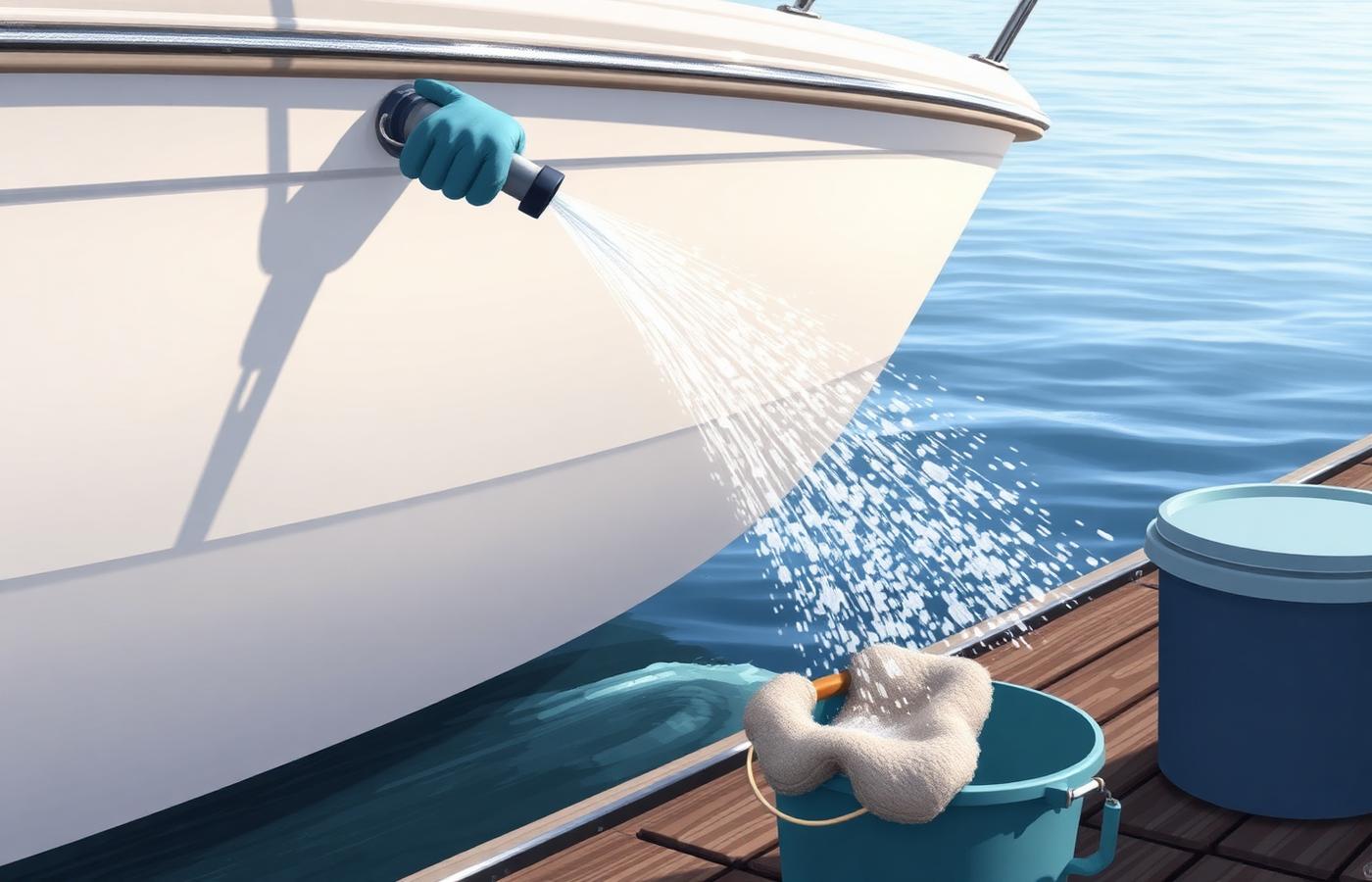 A gloved hand rinsing a white boat hull with a flooding low-pressure hose stream, wash mitt and bucket on the dock.