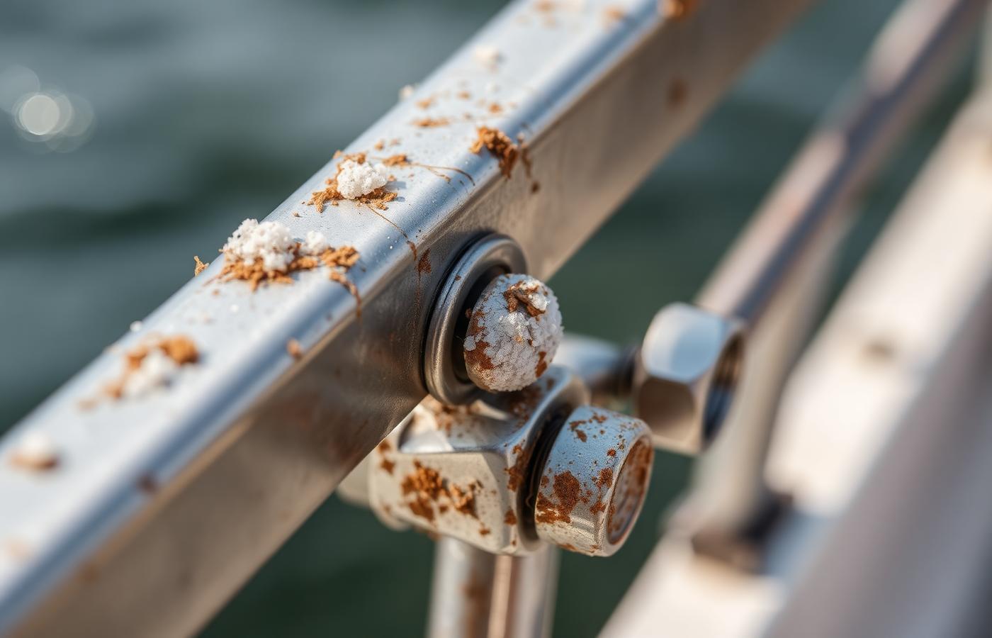 Dried salt crust and light corrosion staining on stainless boat rail fittings and bolts.