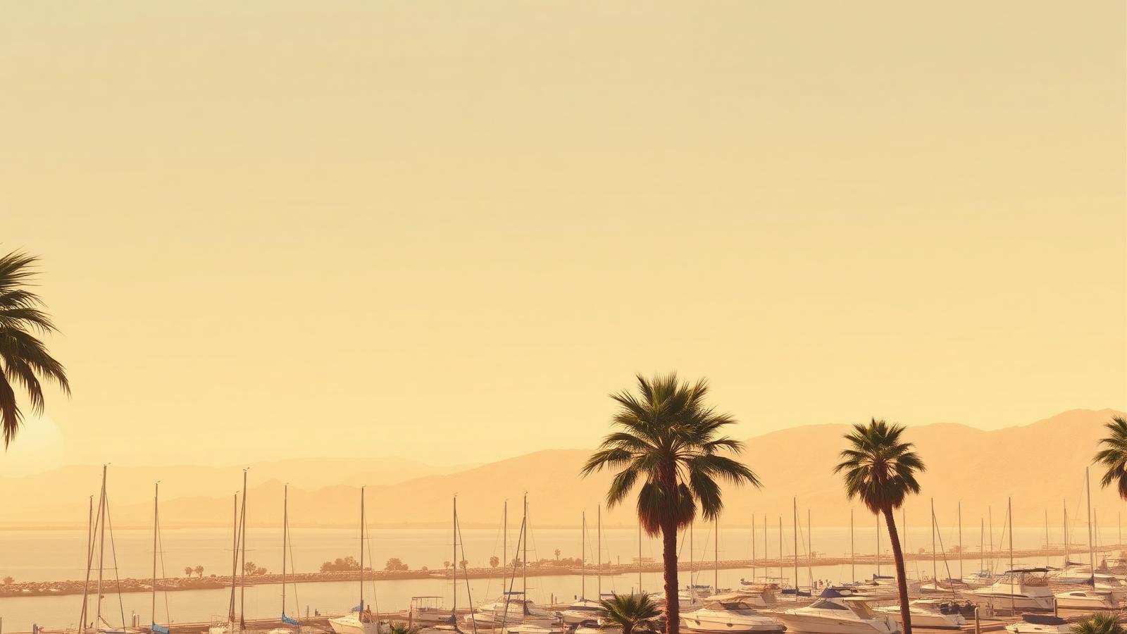 Hazy amber sky over a Southern California marina during dry offshore winds, with dust softening the distant hills.