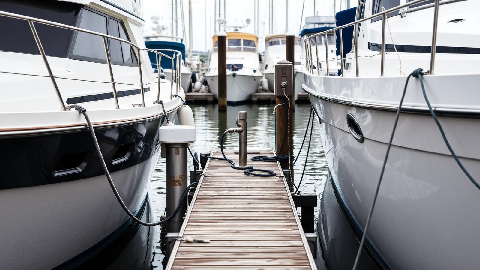 A narrow marina dock finger between two boats with a water spigot and shore power pedestal.