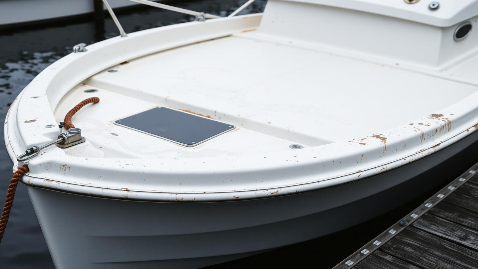 A freshly washed white boat at a dock that still looks dull and tired.