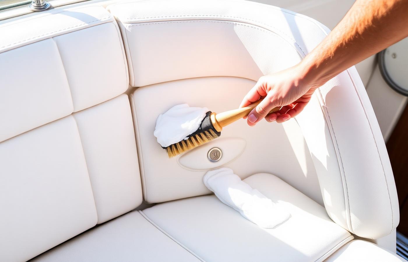 Cleaning white marine vinyl upholstery in a boat cockpit with a soft brush and gentle foam.
