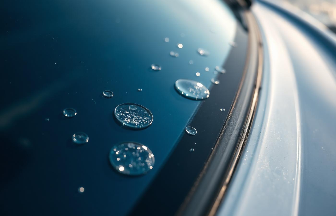 Dried mineral water spots visible on a boat windshield and dark gelcoat in raking light.