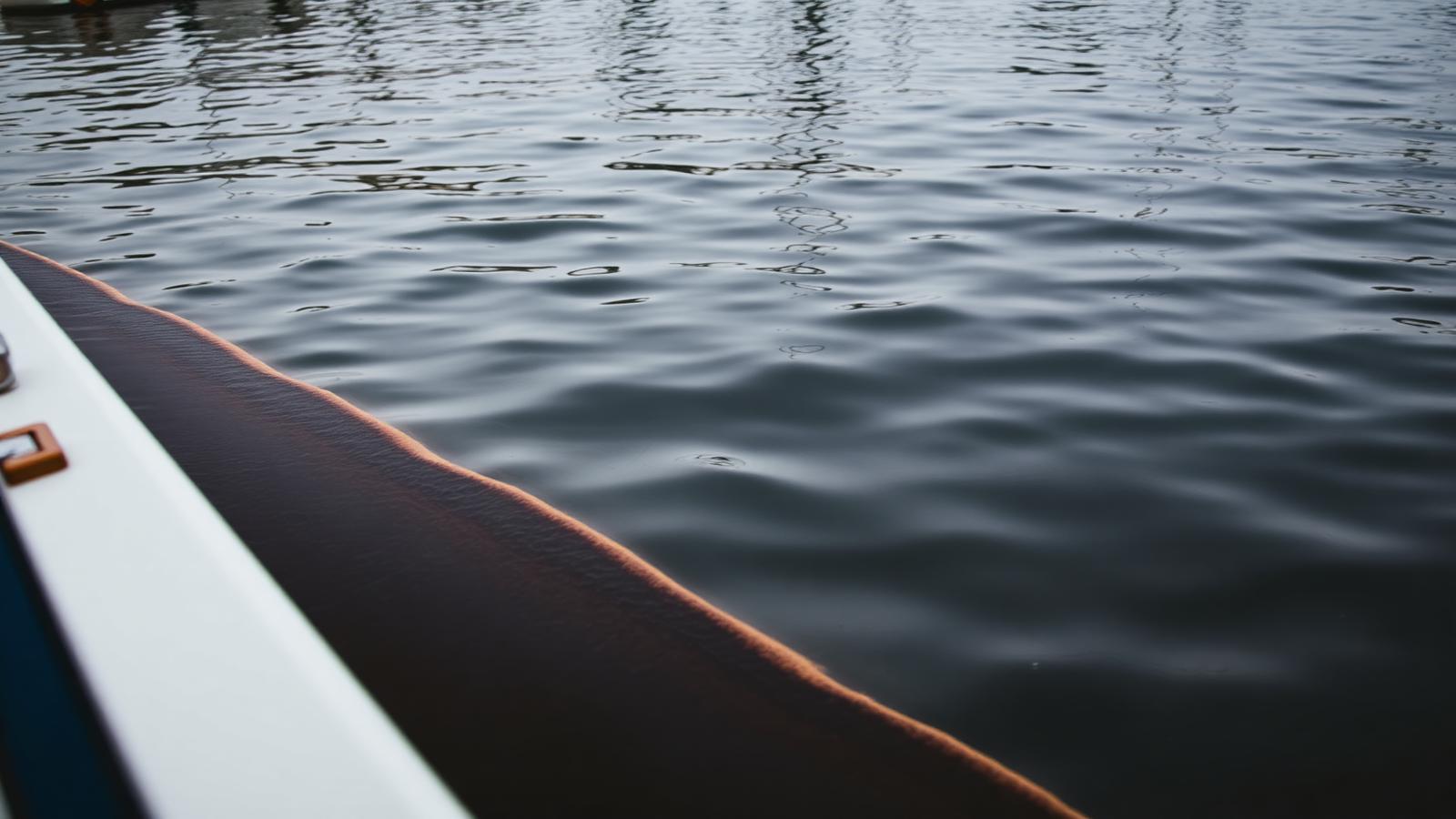A boat waterline with a dark scum line at the water's surface in a marina.